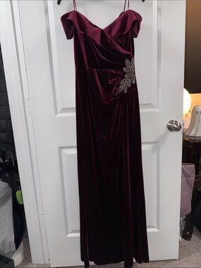 Alex Evenings Velvet Off-Shoulder Evening Dress in Wine
